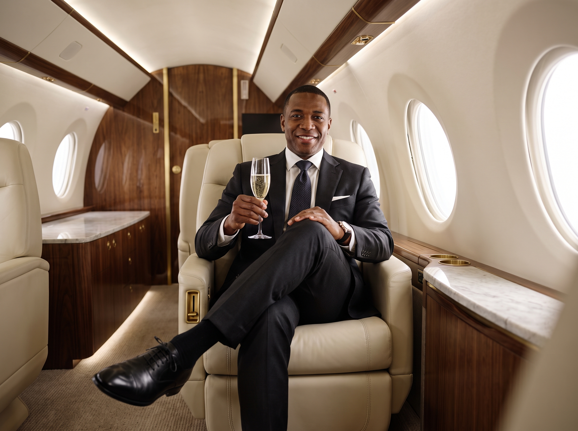 Businessman aboard a private jet