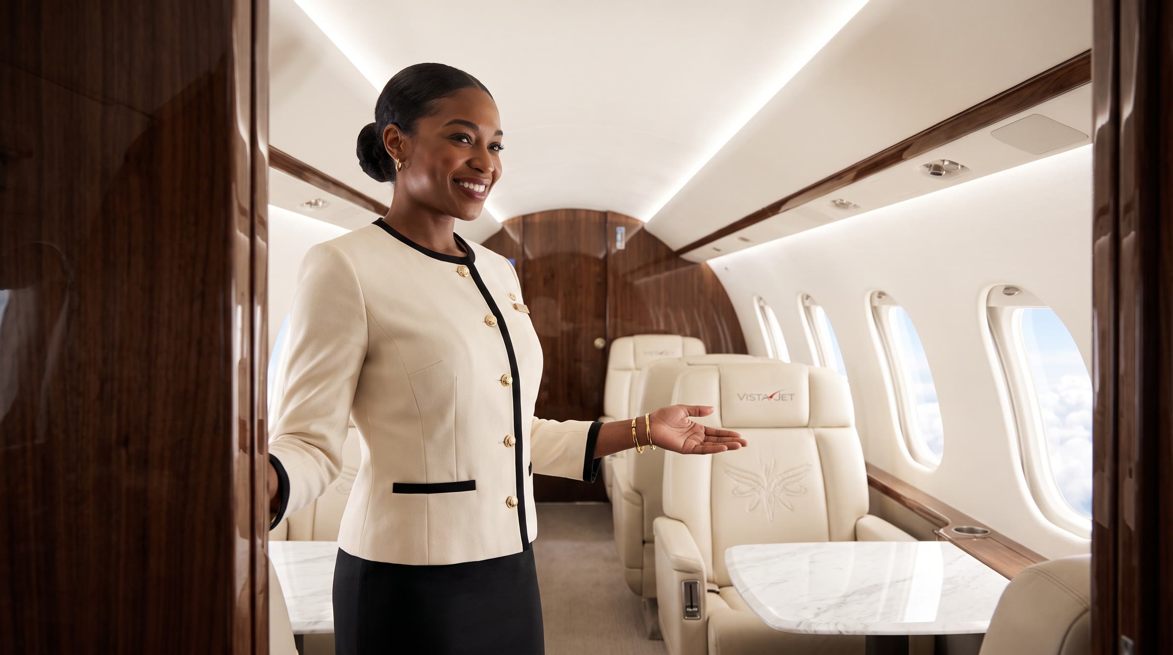 Flight attendant welcoming a guest