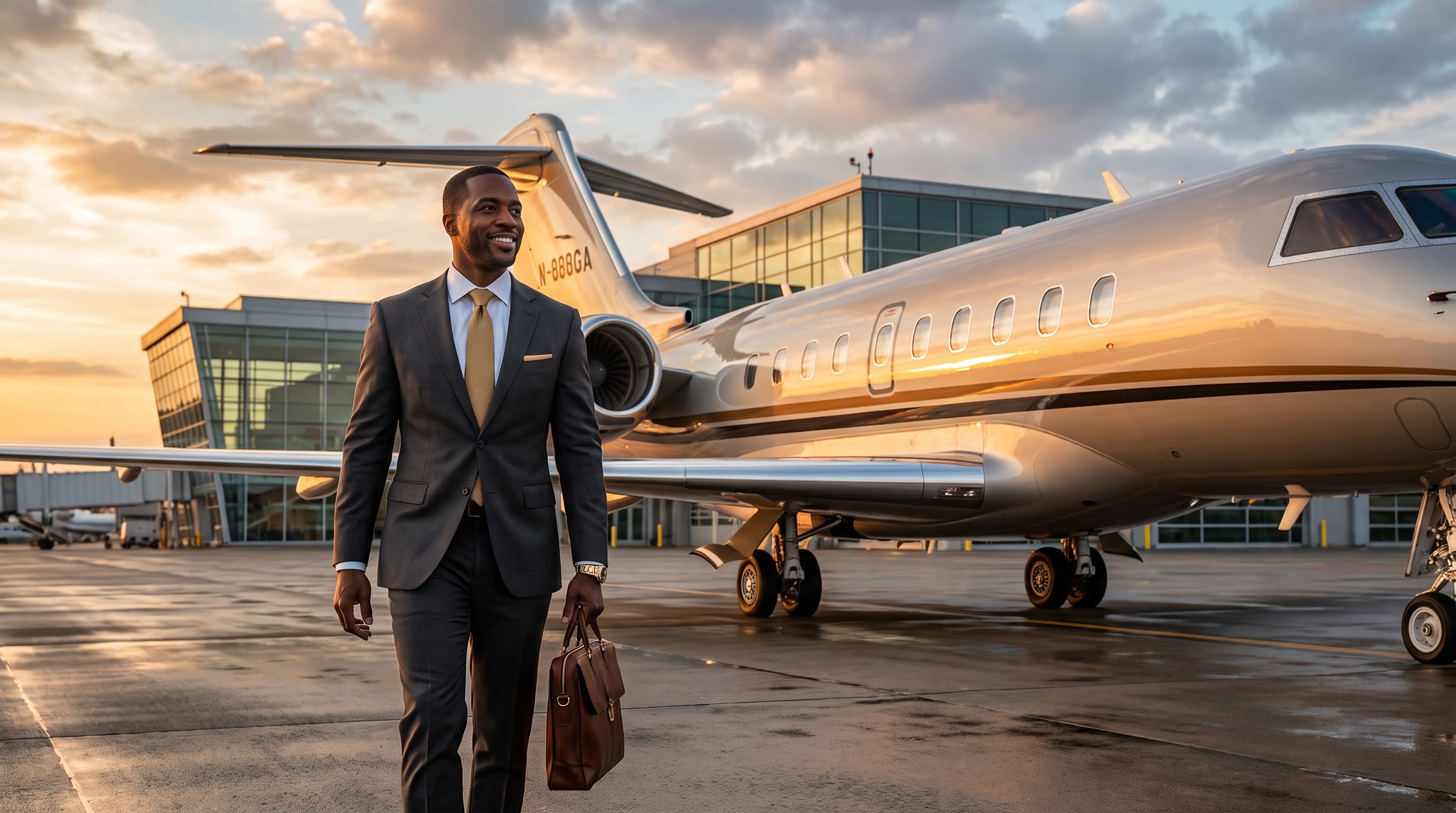 Guest walking toward a private jet