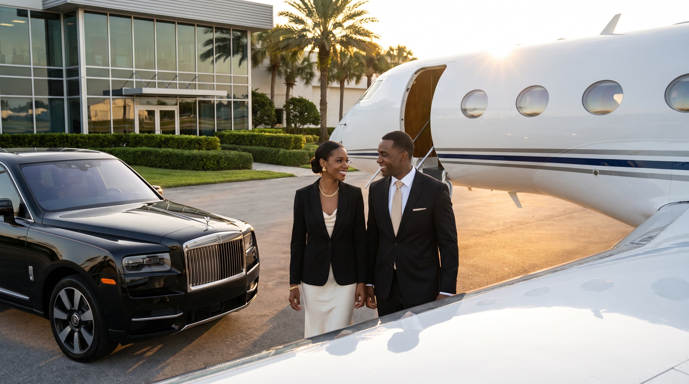 Couple arriving beside a private jet