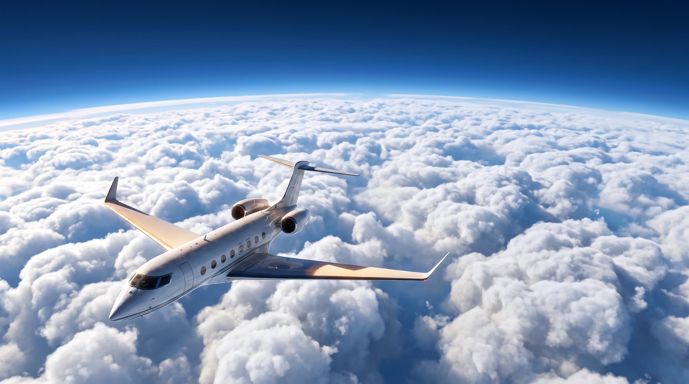 Private jet cruising above the clouds