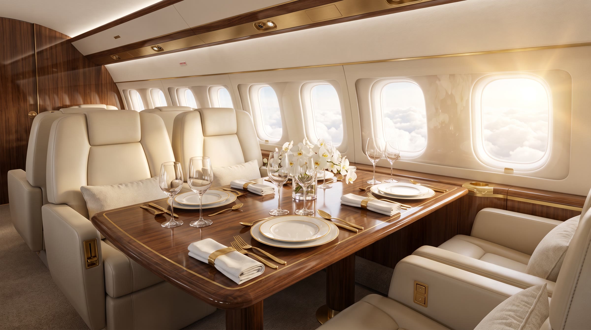 Dining set inside a private aircraft