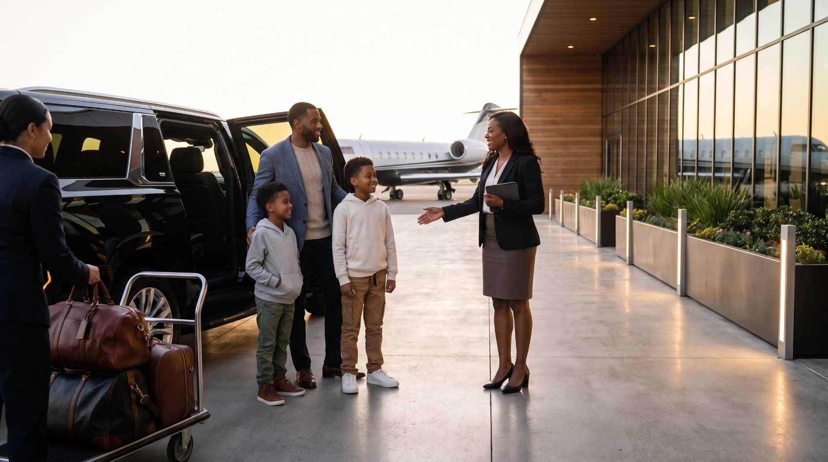 A family welcomed at the private terminal