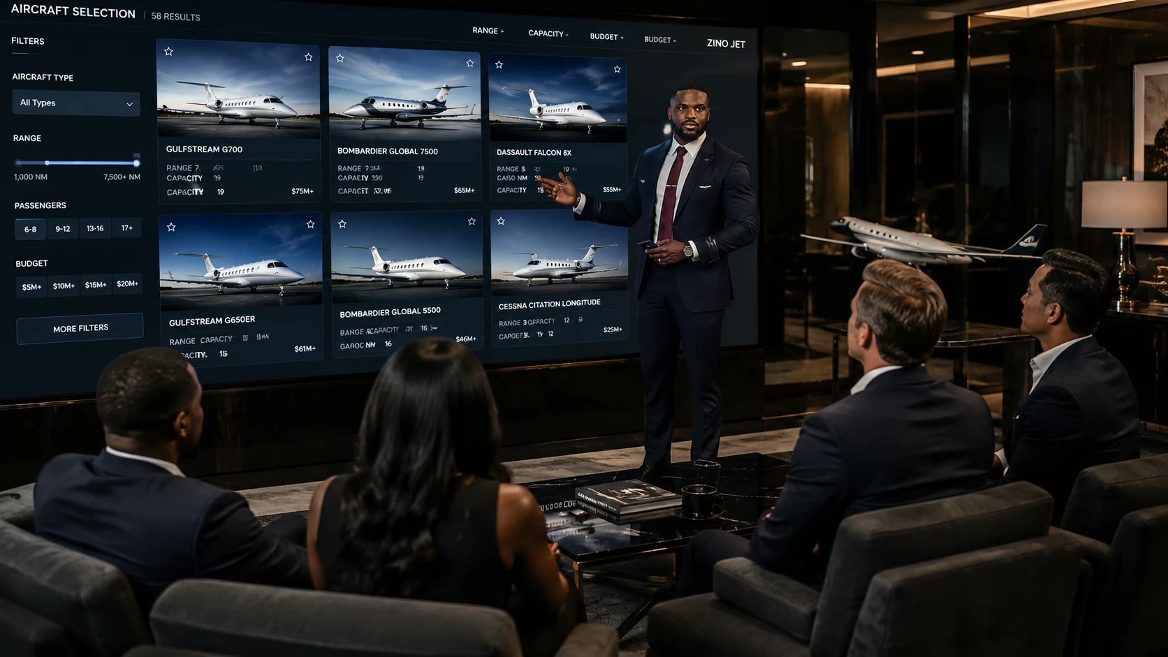 A Zino Jet advisor presenting aircraft options to clients on a large interactive display